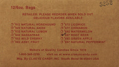 Claeys Root Beer Drops label closeup, showing sealed bottle for freshness.