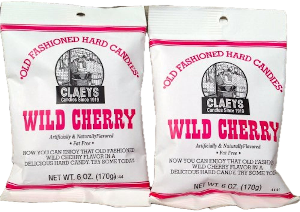 Claeys Wild Cherry old-fashioned hard candy in two-bag pack for convenient snacking.