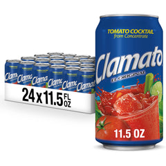 Clamato Original tomato cocktail can close-up for refreshing drinks and seafood meals.