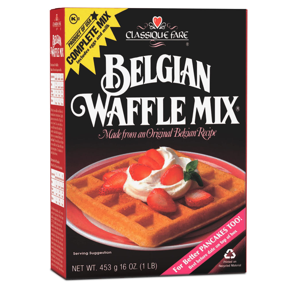 Classique Fare Belgian Waffle Mix packaging showing two 8 oz pouches for freshness.