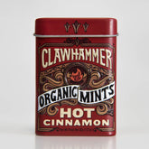 Clawhammer Organic Mints hot cinnamon tin close-up showing organic flavor and convenient packaging.