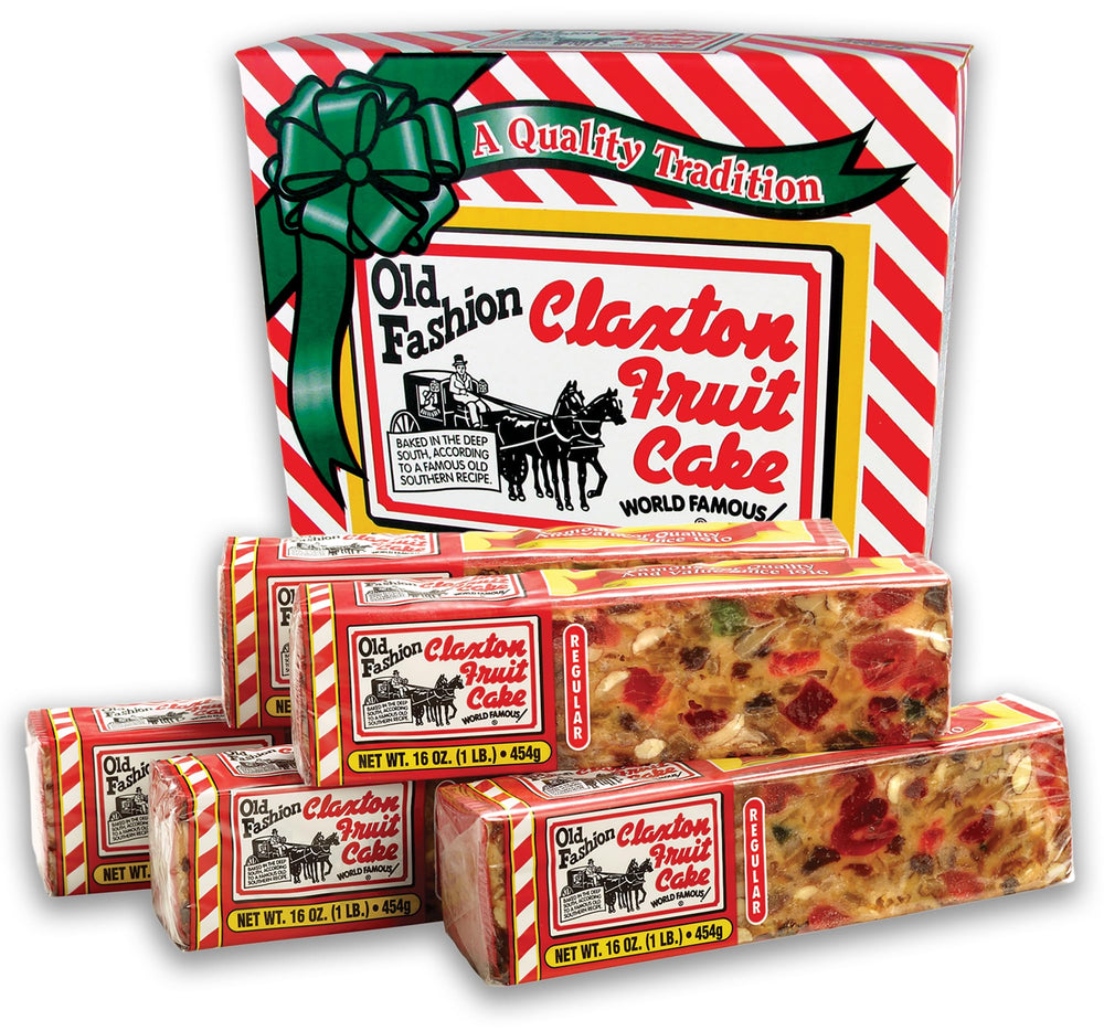 Claxton Fruit Cake five-pack loaves, individually wrapped for easy gifting.