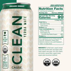 Clean Cause Mint and Honey Yerba Mate can back shows ingredients and organic certification