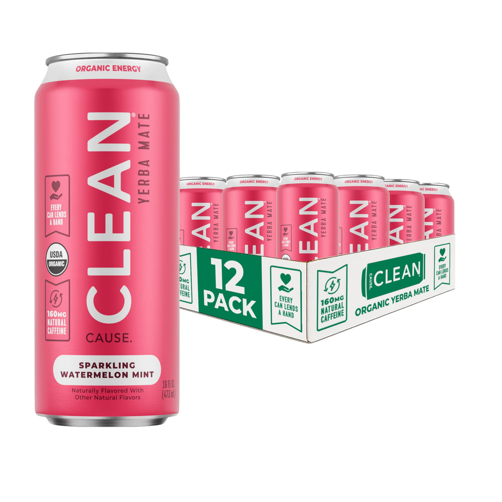CLEAN CAUSE sparkling yerba mate Watermelon Mint front can shows bold flavor and caffeine boost.