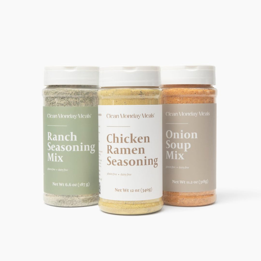 Clean Monday Meals mix variety pack front with three signature seasonings for versatile meals