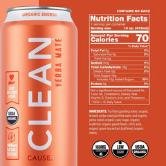 Clean Cause peach yerba mate sparkling can with vibrant label for daily pick me up