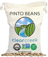 Clear Creek Pinto Beans packaging close-up with glyphosate residue free claim