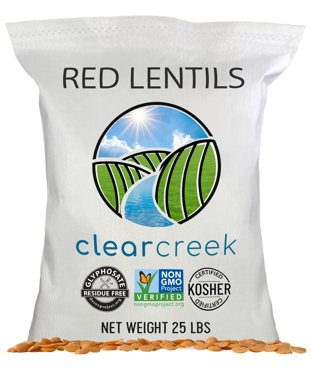 CLEAR CREEK red lentils packaging with glyphosate residue free badge for trusted sourcing.