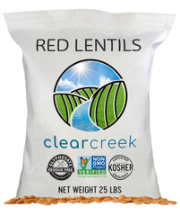 CLEAR CREEK red lentils packaging with glyphosate residue free badge for trusted sourcing.