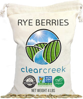 Clear Creek rye berries front packaging highlighting glyphosate-free sourcing for healthy baking.