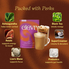 Clevr Chai Latte mug with steam and creamy texture.