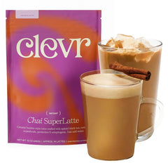 Clevr Chai Tea Latte powder tub front ideal for a plant-based latte base.