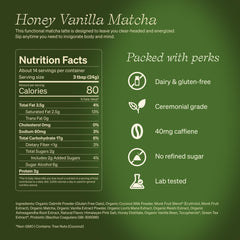 Clevr Honey Vanilla Matcha SuperLatte tin showcases premium powder for quick lattes.