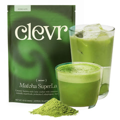 Clevr Matcha SuperLatte tub front with ceremonial-grade powder