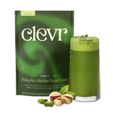 Clevr Pistachio Matcha SuperLatte bottle pour highlights creamy texture for a confident morning boost.