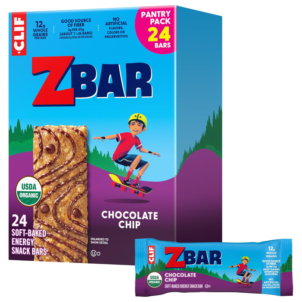 Clif Kid ZBar Chocolate Chip Soft-Baked Bar packaging designed for quick lunchbox snacks
