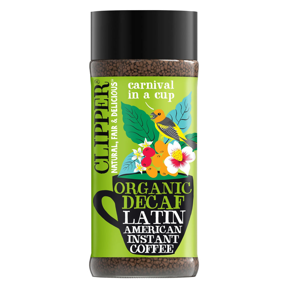 Clipper Coffee Latin American Decaf Instant in a reusable jar for easy storage.