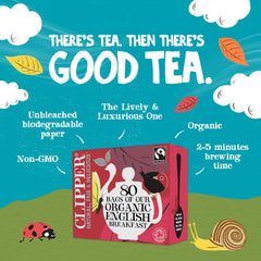 Clipper Tea English Breakfast Assam bags open-pack ready for brewing.