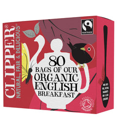 Clipper Tea English Breakfast Assam Blend box featuring organic, fairtrade blend for a bright start.