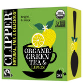 Clipper Tea Green Tea and Lemon teabags packaging, convenient for on-the-go mornings.