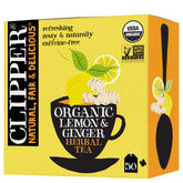 Clipper Tea Lemon & Ginger teabags with caffeine-free citrus flavor.