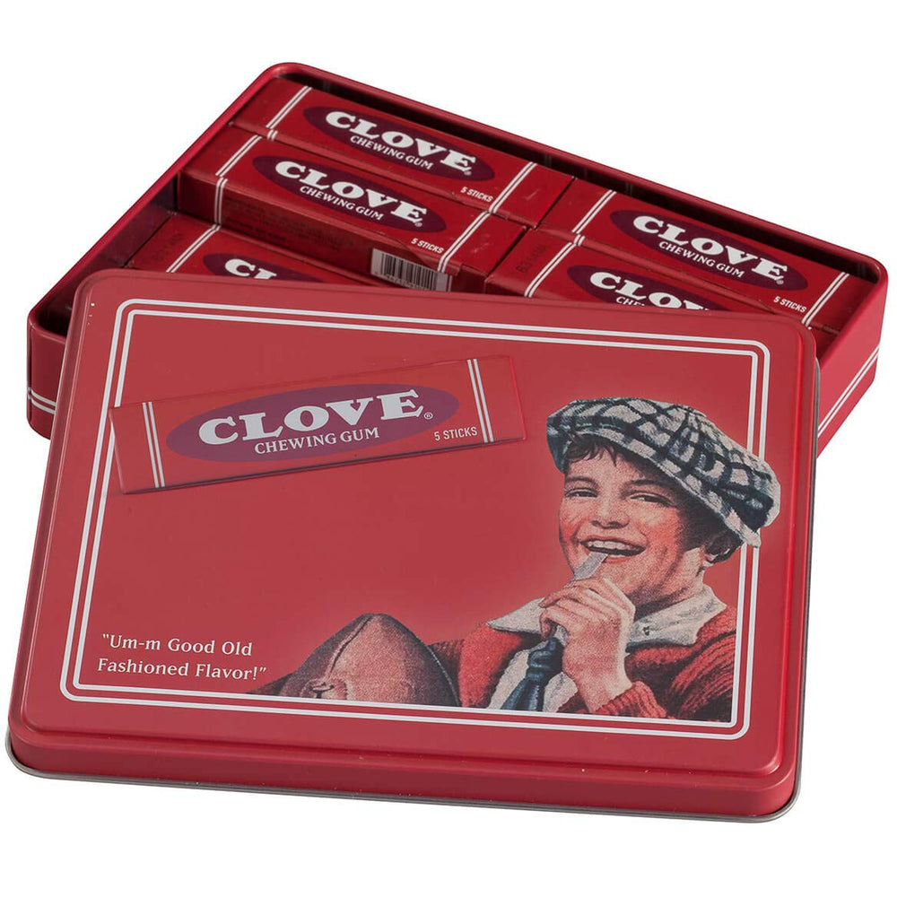 Clove Gum vintage tin front view with retro branding and collectible appeal.