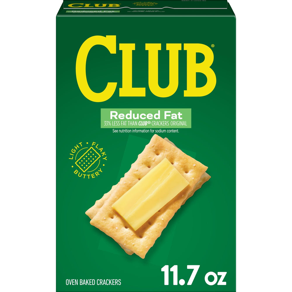 Club Crackers Reduced Fat box front showing snackable buttery texture
