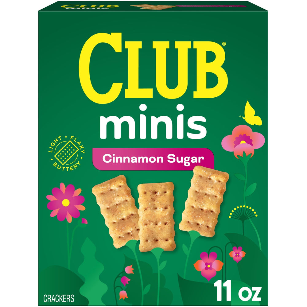 Club Minis Cinnamon Sugar crackers front box for quick, delicious snacking.