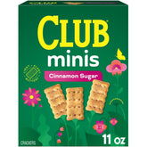 Club Minis Cinnamon Sugar crackers front box for quick, delicious snacking.