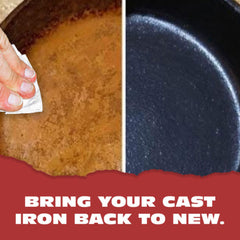 Applying CM SCRUBBER Knapp Made seasoning wax to a cast iron pan shows protective coating.