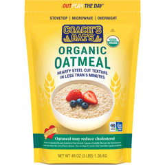 Coach’s Oats organic oatmeal bag highlighting wholesome, convenient breakfast fuel.