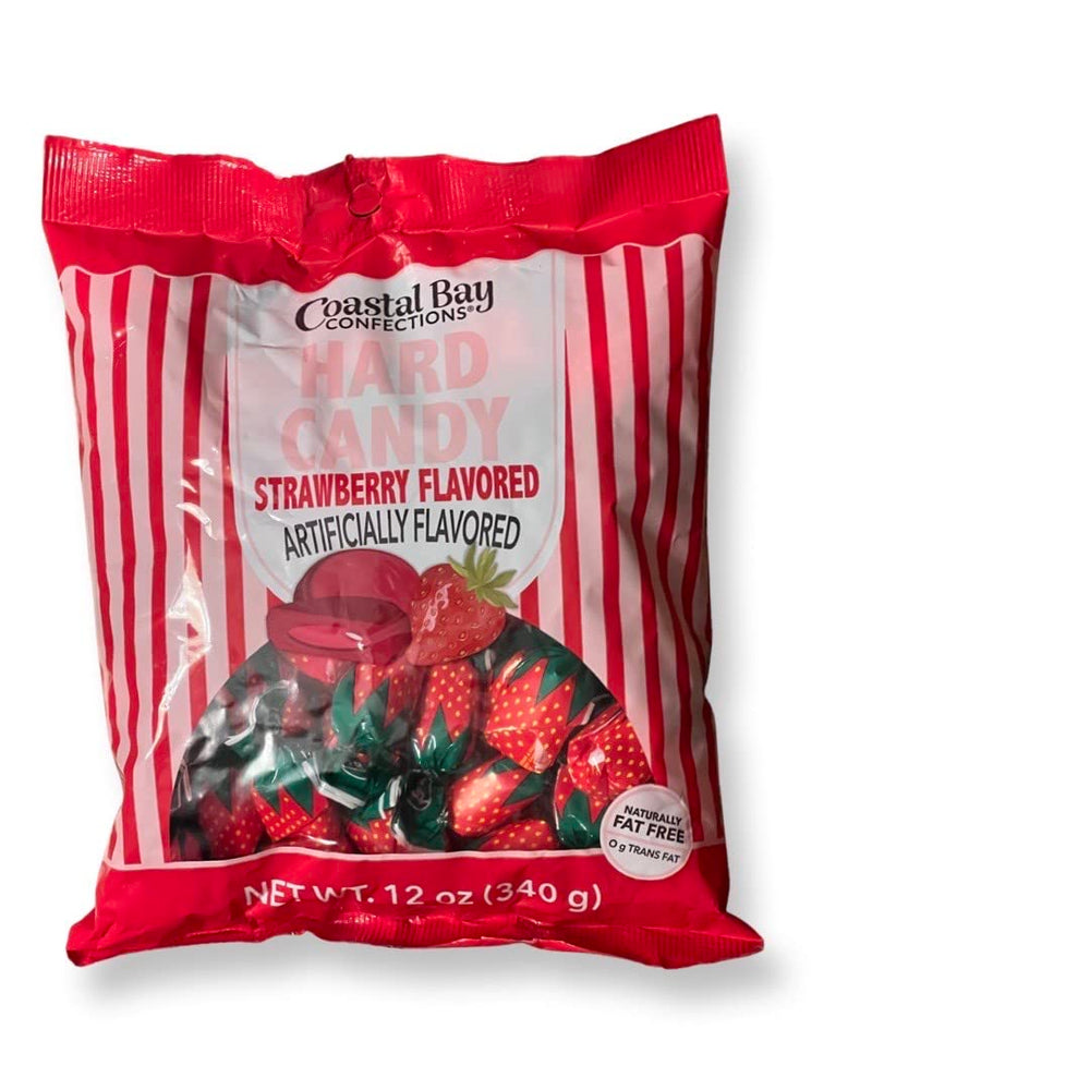 Coastal Bay Strawberry Hard Candy pack showing 12 oz bag ready to share