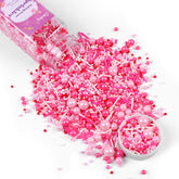 Cobakey pink sprinkles on cupcakes add festive color and pearl shine.