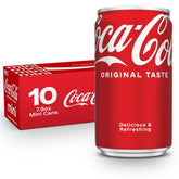 Coca-Cola fridge-pack mini cans display, ideal for quick meals and on-the-go refreshment.
