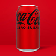 Coca-Cola Zero Sugar can closeup emphasizes bold branding and fizzy bubbles.