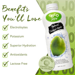 CoCo Joy bottle on counter highlighting pure coconut flavor.