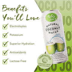 Coco Joy coconut water closeup communicates natural taste and purity.