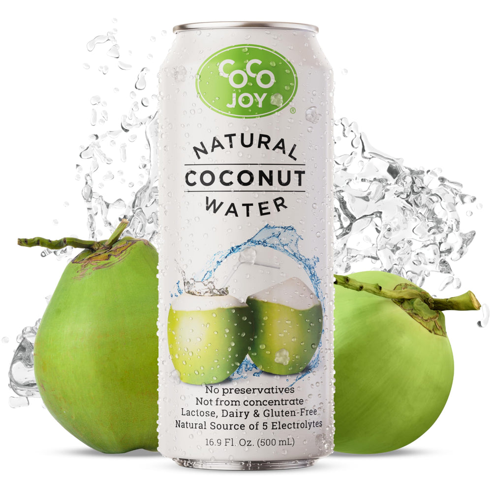 Coco Joy natural coconut water bottle pour highlights refreshing, electrolyte-rich hydration.