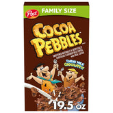 Cocoa PEBBLES cereal bowl with milk showcases chocolatey crunch for breakfast