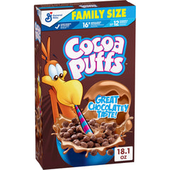 Cocoa Puffs bowl with milk delivering chocolatey breakfast delight for kids and adults.