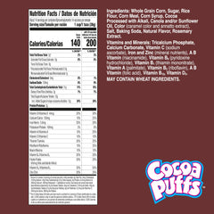 Close-up of Cocoa Puffs chocolatey puffs showing crispy texture loved by families.