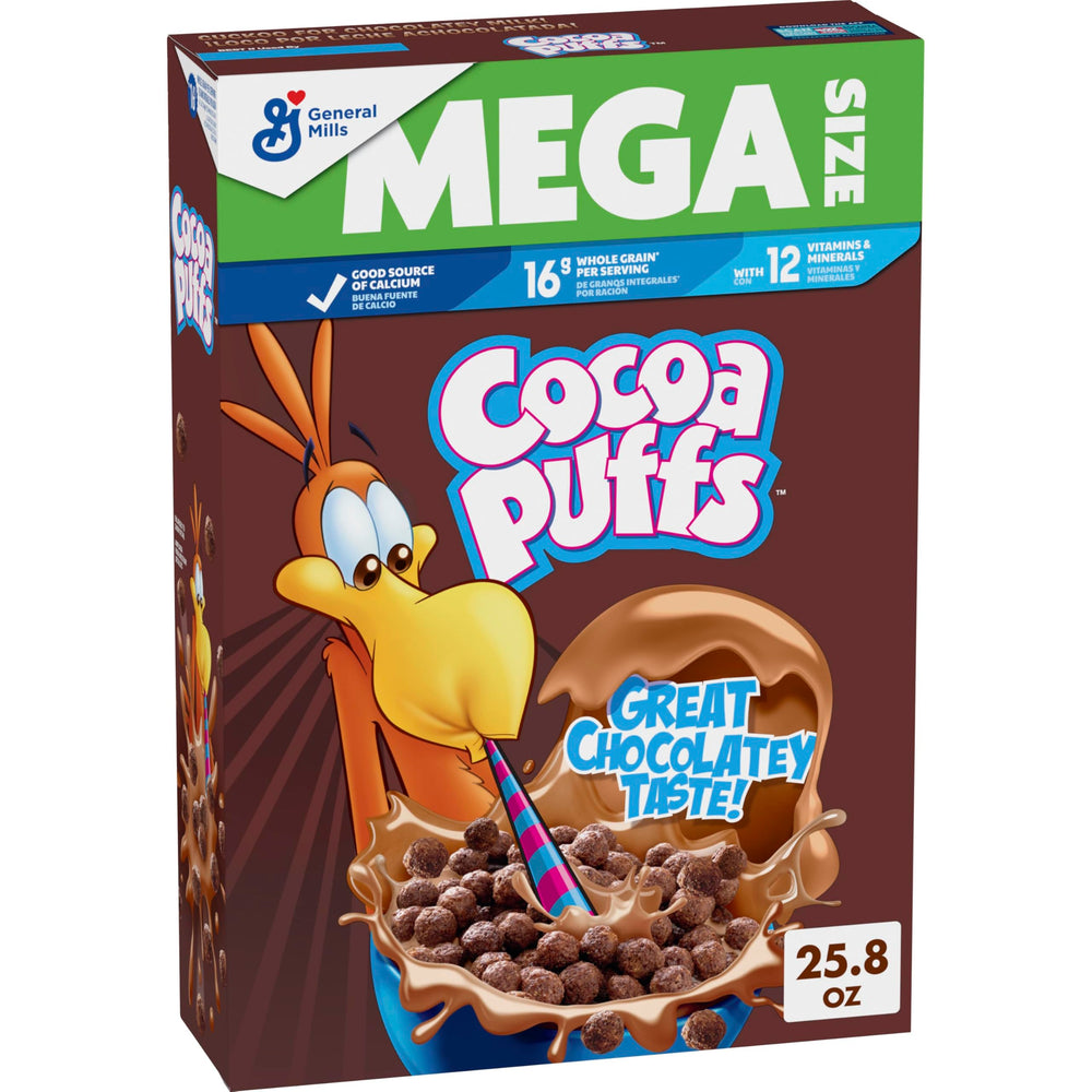 Cocoa Puffs mega-size box front view, ideal for family breakfasts.