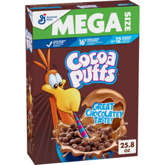 Cocoa Puffs mega-size box front view, ideal for family breakfasts.