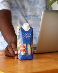 COCOGOODSCO coconut water label close-up showing no sugar added emphasis