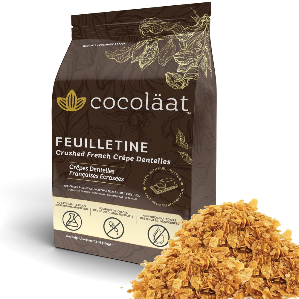 Cocolaat Feuilletine close-up showing delicate crispy texture for desserts and chocolates.