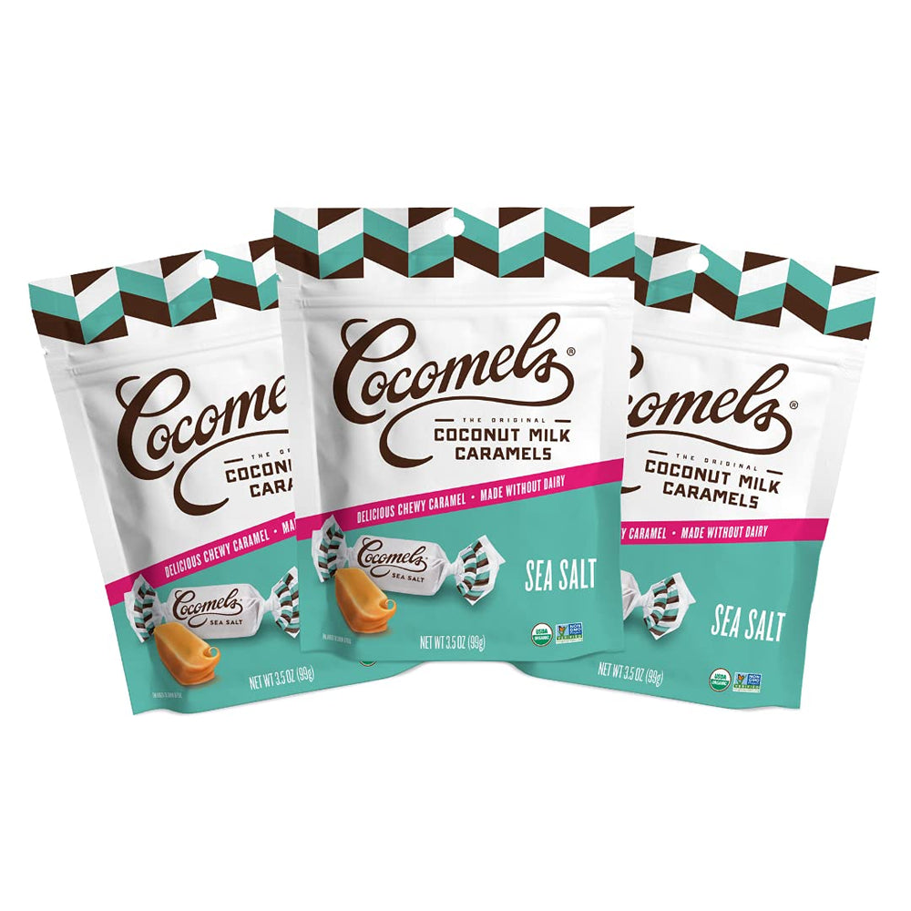 Cocomels sea salt coconut milk caramel bite in three-pack pouches for on-the-go snacking.
