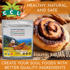 Closeup of Coconut Country Living's Ceylon cinnamon powder shows fine texture for smooth blending.