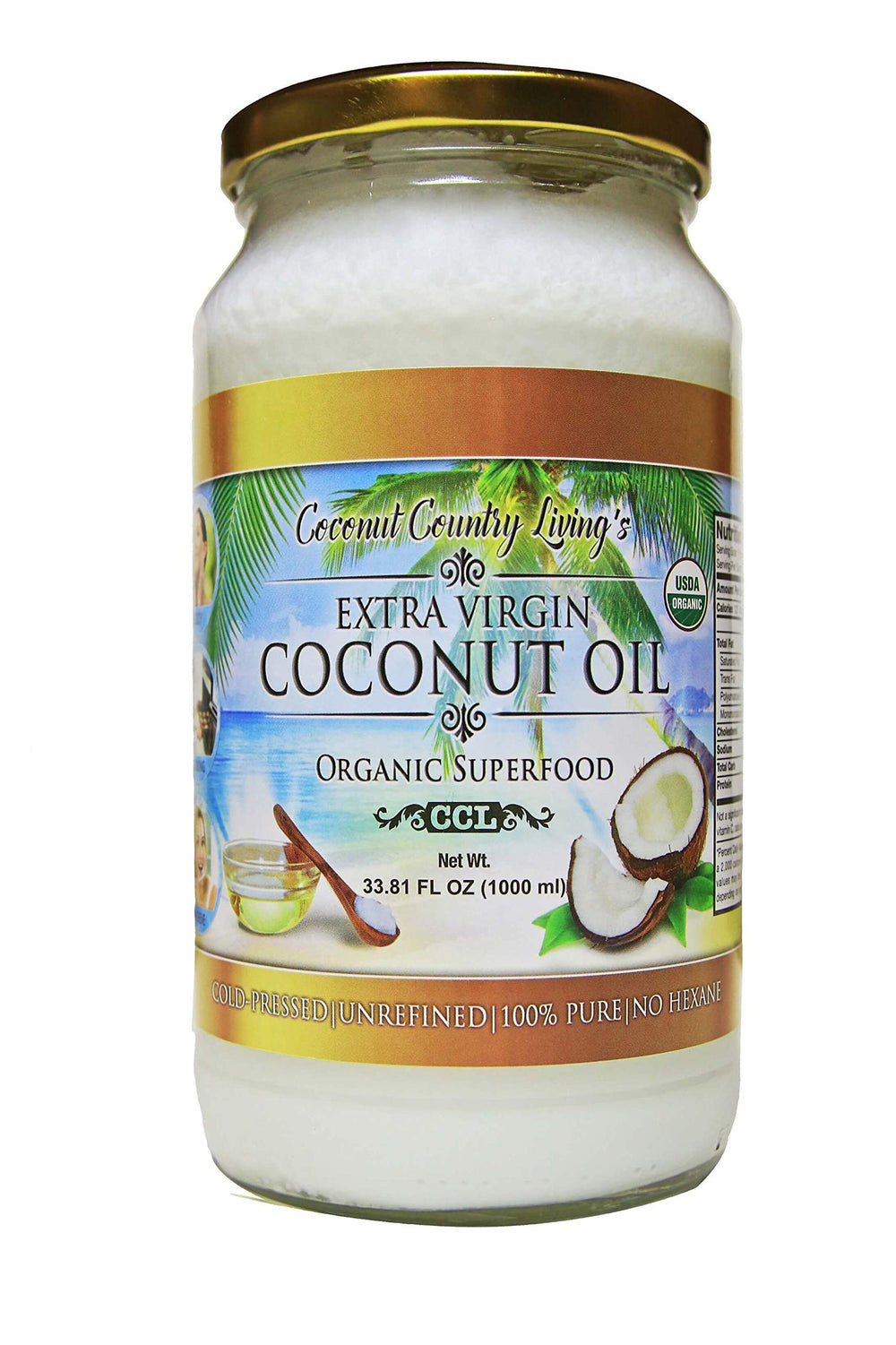 Coconut Country Living extra virgin coconut oil in glass jar, ideal for cooking and skin care.