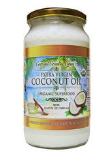 Coconut Country Living extra virgin coconut oil in glass jar, ideal for cooking and skin care.