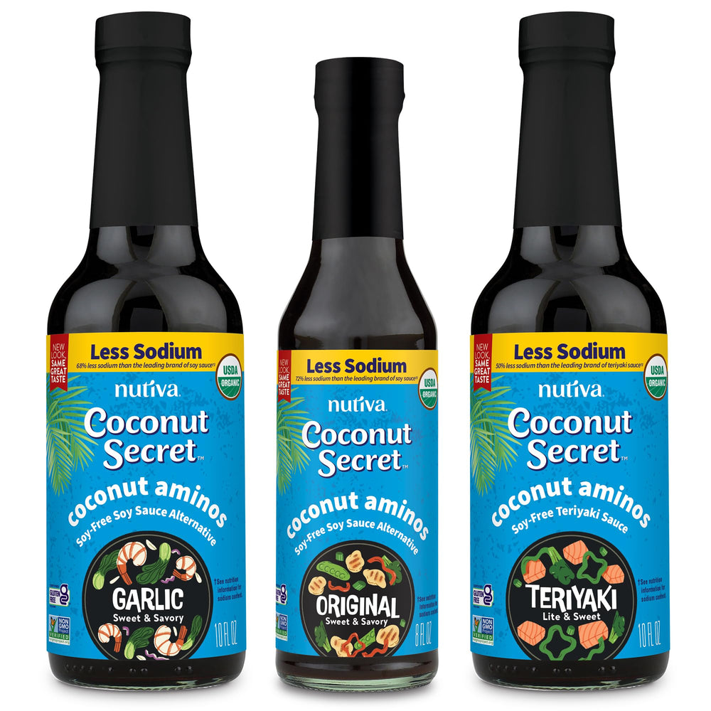 Coconut Secret Original 8oz bottle pour showing soy-free, low-sodium umami for stir-fries